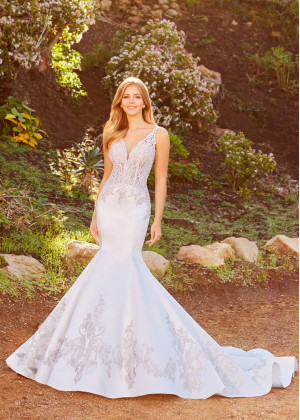 V Neck Beaded Ivory Lace Satin Wedding Dress